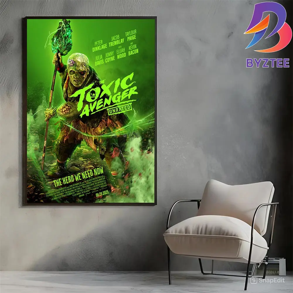 Official promotional poster for The Toxic Avenger (2025) featuring the mutated hero and main cast