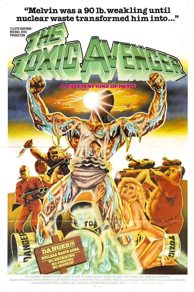 Vintage poster for the 1984 cult classic 'The Toxic Avenger' showing the radioactive superhero emerging from toxic waste barrels
